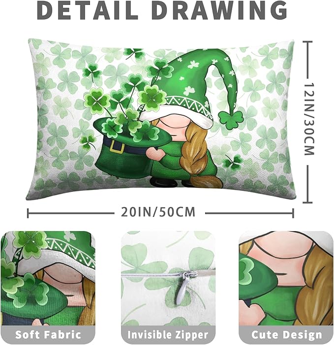 St Patricks Day Gnomes Lumbar Pillow Covers 12x20 Set of 2 Green Lucky Shamrock Decorative Pillow Cover St. Patrick's Clovers Bow Hat Cushion Cases Spring Rustic Outdoor Pillowcase for Couch Sofa