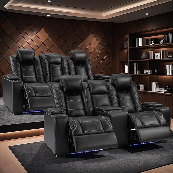 ANJ Modular Power Recliner Set: 5-Seat Home Theater Seating,3 Seat Recline Sofa and Loveseat (Center Console & Fixed Middle), LED Lights, USB Charging, Faux Leather for Living Room (Black)