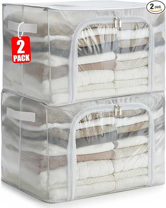Clear Stackable Clothes Storage Bins with Metal Frame, Foldable Storage Box with Lid, Bedroom, Closet Organizers and Storage Container with Zippers & Durable Handles (Clear, 2 Pack)