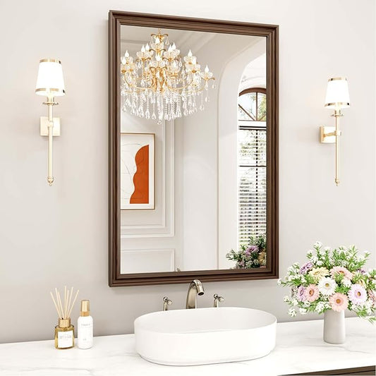 WEER Retro Copper Bathroom Mirror, 24x36 Inch Bronze Oil Rubbed Framed Mirror, Rectangle Classic Vintage Framed Wall Mirror, Farmhouse Vanity Mirror, Tempered Glass, Vertically or Horizontally