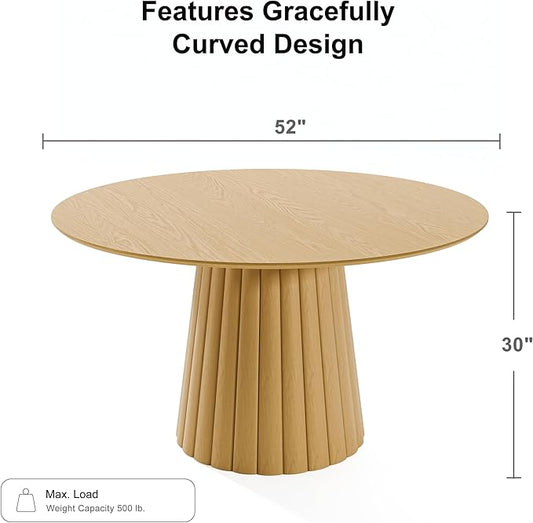 Casaphoria 52" Round Dining Table, Modern Wood Kitchen Table with Cone Shaped Strip Convex Base for Living Room & Dining Room, Easy Assembly Farmhouse Furniture for 4-6, Oak