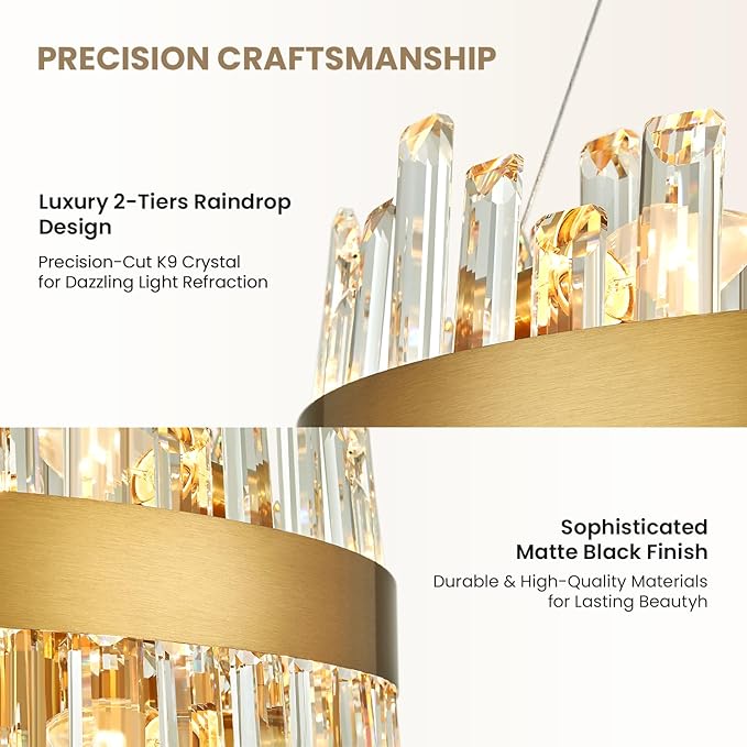 CROSSIO 16-Light Modern Crystal Chandelier, Large Gold Round 2-Tiers K9 Crystal Chandelier, Luxury Flush Mount Crystal Pendant Ceiling Light for Dining Living Room Entryway Foyer D31.5''