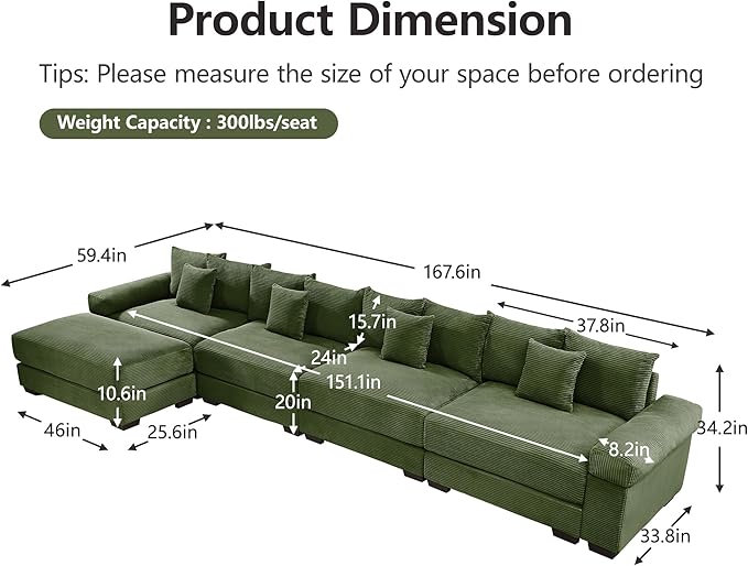 KEIKI 130" L-Shaped Oversized Corduroy Modular Cloud Sectional Sofa with 1 Ottoman, High-Density Foam Cushion, Extra-Thick Armrest, 3-Seater Fluffy Corner Couch with 9 Pillow, for Living Room, Green