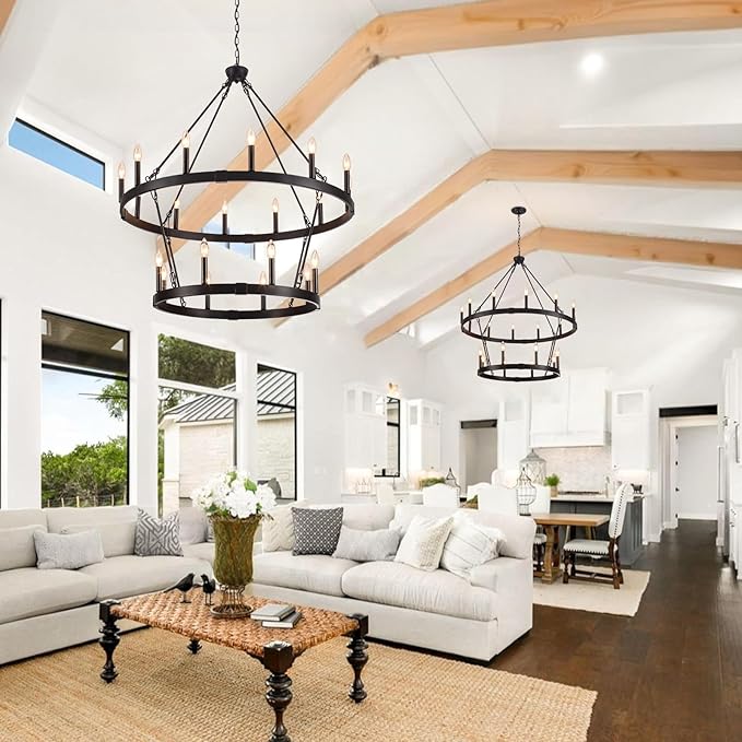 20-Light 2 Tier Black Wagon Wheel Chandelier, 38.19" Large Chandeliers for High Ceilings, Farmhouse Chandeliers for Dinning Room Living Room Kitchen Island Foyer