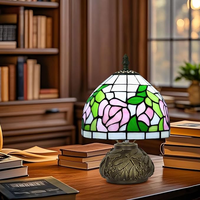Small Tiffany Table Lamp,Stained Glass Lamp,8 Inch Mushroom Style Mini Vintage Desk Lights for Bedside, Bedroom,Nightstand,Living Room,3 Color Temperature (Pink Rose)