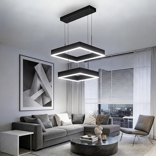 Modern 2 Ring Dimmable Square Black Chandelier with Adjustable Pendant for Dining, Bedroom, Living Room