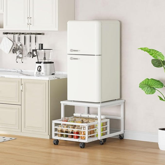 HOOBRO Mini Fridge Stand with Movable Storage Basket, Mini Fridge Cabinet with Wheels and Adjustable Feet, Sturdy Metal Frame, for Home, Apartment, Office, White WW155TL01