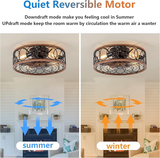NORFOLK Farmhouse Ceiling Fans with Lights and Remote, 20'' Low Profile Caged Lighting with Bladeless Fan, Rustic Flush Mount with E26 Bulb Base for Bedroom, Living Room, Patios