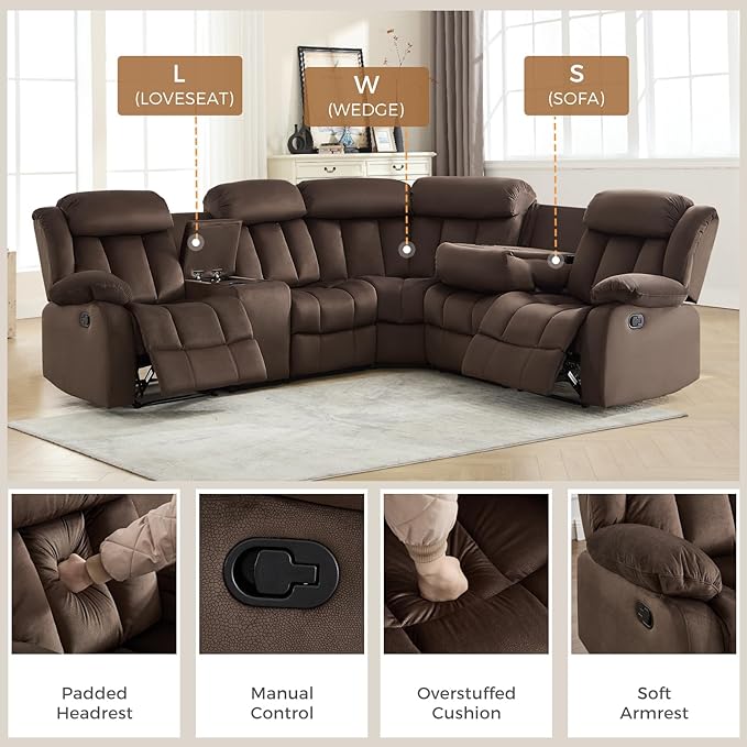 EBELLO Manual Reclining L-Shaped Sectional Sofa Set, Soft Fabric Corner Couch with Center Console, Cup Holders and Storage – Perfect Living Room Home Set Furniture