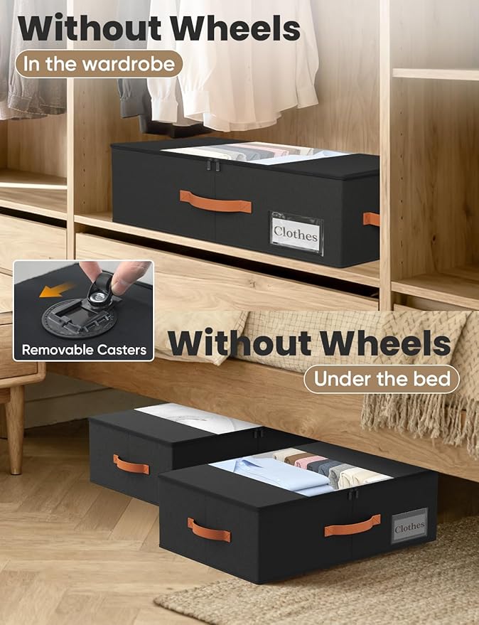 TOSKING 2-Pack Under Bed Storage Bins with Wheels and 4 Vacuum Seal Bags, Heavy Duty 80lbs Capacity, 7.9 Inch Clear Lid Organizer for Dorm Bedroom Clothes Shoes Toys, Quick Assembly Space Saver Black