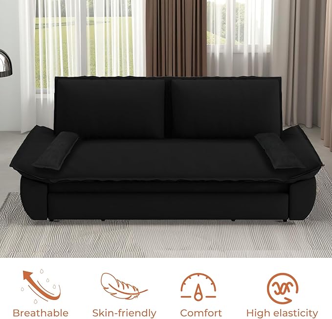 Yafylly Queen 3 in 1 Convertible Sleeper Couch, Full Size Velvet Loveseat Pull Out Sofa Bed, Futon Lounge Chair with Pillows for Living Room, Bedroom, Apartment, Office,Black