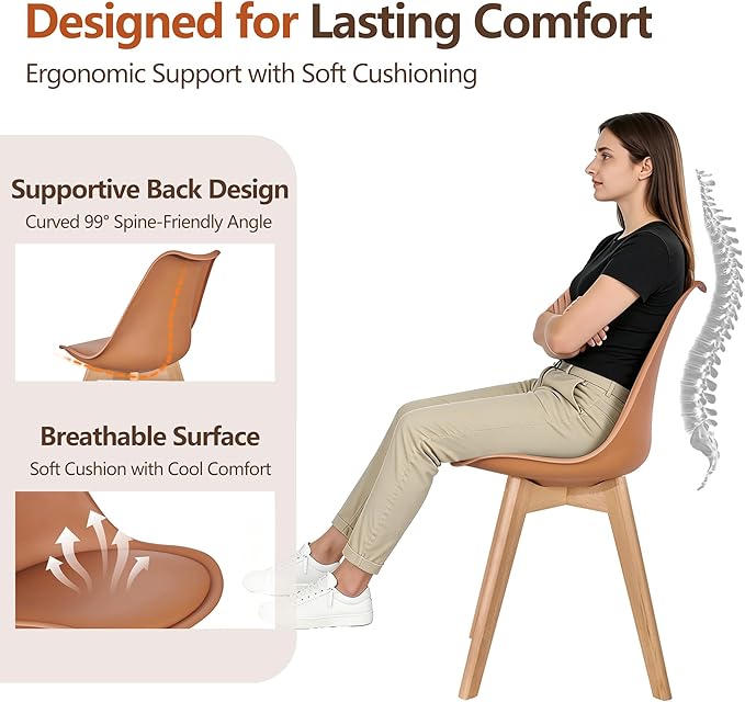 VECELO Dining Chairs Set of 4, Mid-Century Modern Kitchen & Dining Room Chairs, PU Leather Upholstered Seat, Solid Wood Legs, Armless, Non-Slip Feet, Orange