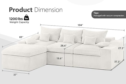 HABUTWAY 104" L Shaped Cloud Sectional Couch, Boneless Modular Sectional Sofa with Deep Seat, Corduroy Couches for Living Room, Modular Couch, No Assembly Required (Beige)