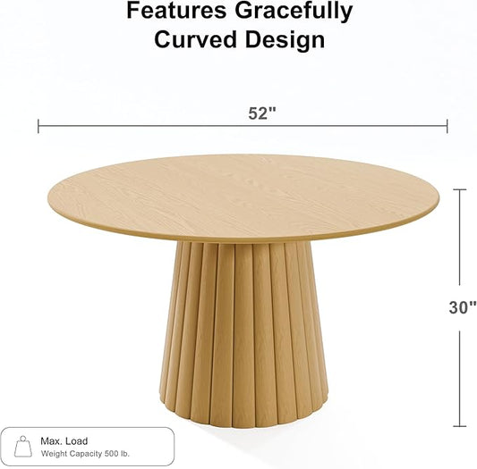 Casaphoria 52" Round Dining Table, Modern Wood Kitchen Table with Cone Shaped Strip Convex Base for Living Room & Dining Room, Easy Assembly Farmhouse Furniture for 4-6, Oak