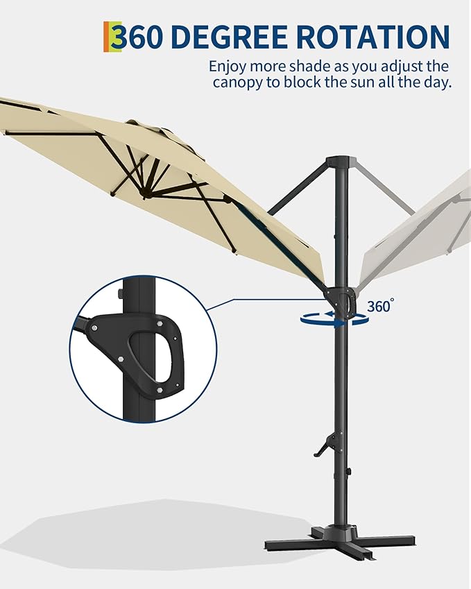 GarveeLife 10 ft Cantilever Umbrella Outdoor Patio Umbrella Market Offset Umbrella Sun Shade Windproof with 360-Degree Rotation for Patio Garden Deck Pool, Beige