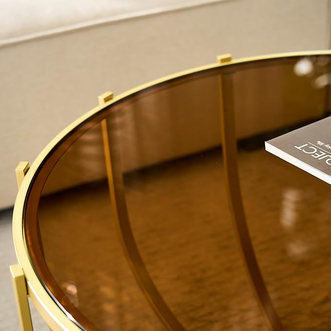 Saint Mossi Glass Round Coffee Table for Living Room, Modern 2-Tier Gold Drum Center Table, Brown Glass Top, Glass Shelf with Gold Finish Legs & Frame, W30xH16.5