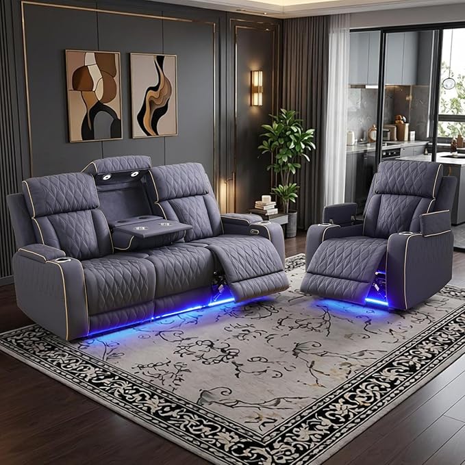 Power Leather Recliner Sofa Set with LED Light,Reclining Sofa and Chair Set with Coffee Table/USB Charger/Storage,Leather Couch for Living Room Furniture Sets(3+1 Seats,Matte Navy)