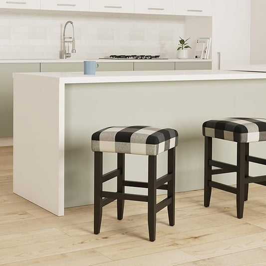 Homepop Home Decor | Classic Open-Back Counter Height Barstool | Square 24 Inch Bar Stools with Domed Cushion, Black Plaid