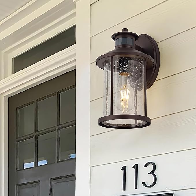 MICSIU Motion Sensor Outdoor Wall Lights 2 Pack, 11.75 Inch Bronze Dusk to Dawn Exterior Light Fixture with Clear Glass, 3 Modes Outside Wall Sconce for House Porch Garage, Anti-Rust