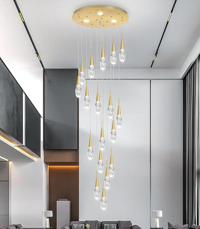 18-Lights 138 Inches Modern Chandelier LED Light Fixtures High Ceiling Long Light Chandelier for Entrance Foyer Dimmable Lights with Remote Living Room Ceiling Pendant Lighting Drop Lights Shine Gold