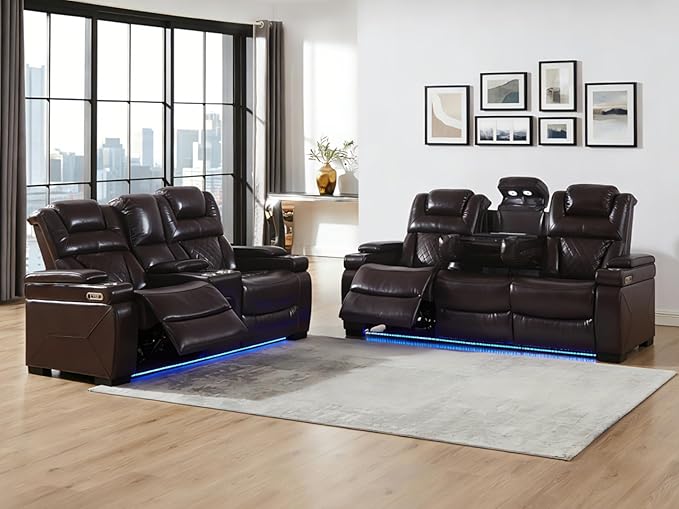 THSUPER Power Breathable Leather Reclining Sofa and Loveseat Set with 7-Color LED Light, Living Room Recliner Couch Set with Adjustable Headrest/Reading Light/USB Port/Bluetooth Speaker, Brown