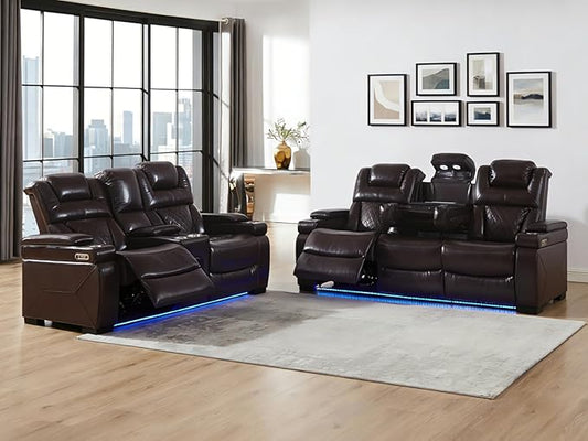 THSUPER Power Breathable Leather Reclining Sofa and Loveseat Set with 7-Color LED Light, Living Room Recliner Couch Set with Adjustable Headrest/Reading Light/USB Port/Bluetooth Speaker, Brown