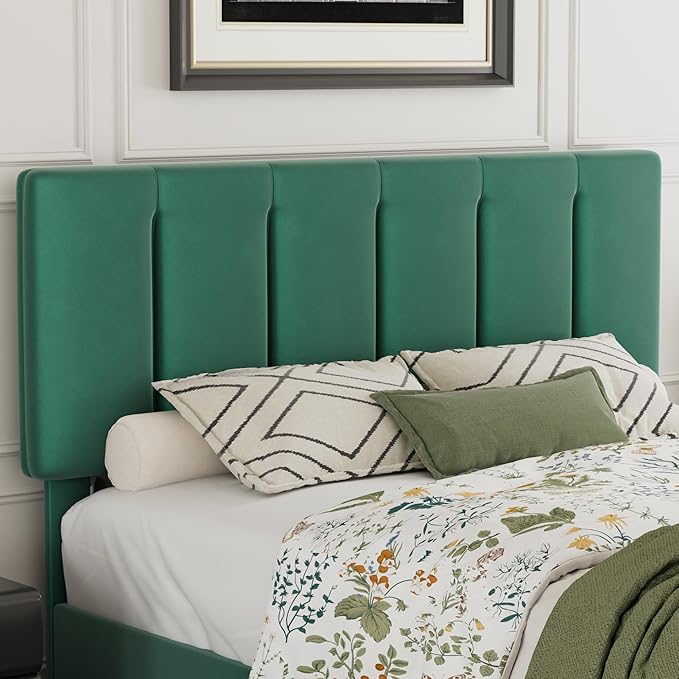 VECELO Full Size Bed Frame with Upholstered Headboard, Heavy-Duty Bedframe with Wooden Slats & Steel Framework, Easy Assembly, Dark Green