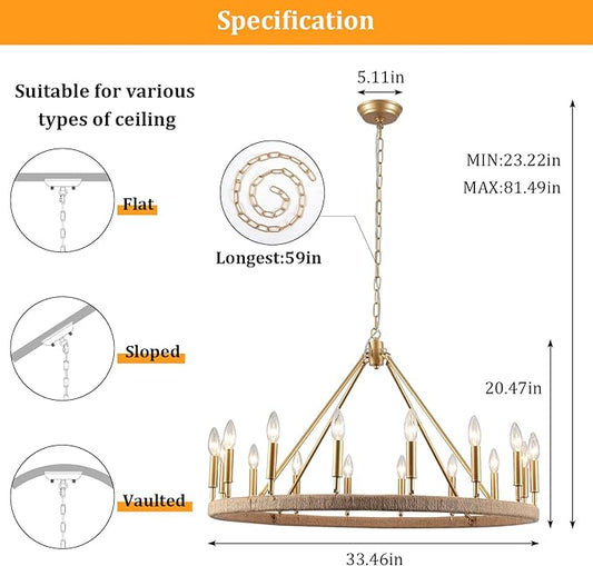 Rattan Wagon Wheel Chandelier 16 Light Farmhouse Chandeliers for High Ceilings Large Gold Pendant Light Fixtures for Dining Room Hemp Rope Around Wagon Wheel Light Fixture for Foyer,Living Room,E12