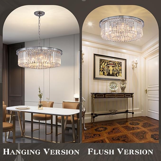 9Lights Crystal Chandelier Modern Chandeliers Lighting Pendant Ceiling Light Fixture 3-Tier for Dining Room Living Room Bedroom, Chrome Finished W24''