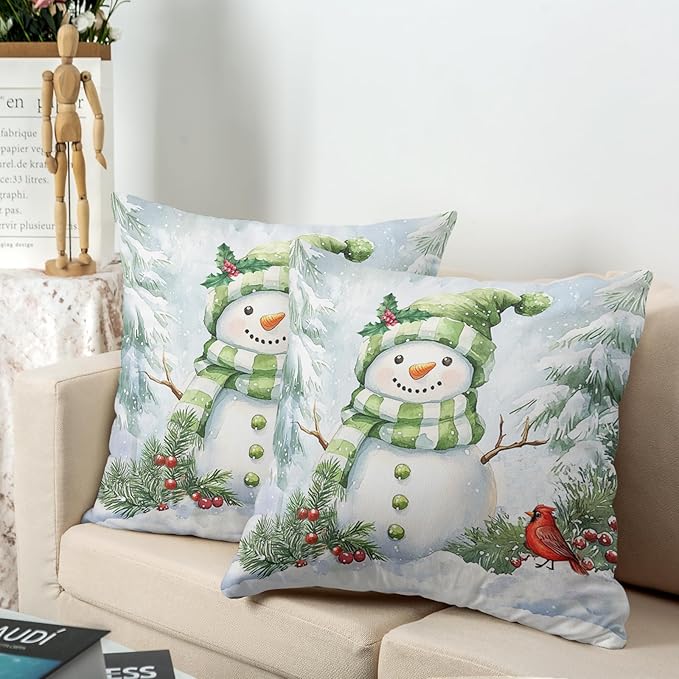 Set of 2 Winter Pillow Covers 18x18 Green Snowman Pine Tree Holly Berry Cardinal Bird Throw Pillow Covers Holiday Pillow Case for Home Decor Couch Sofa