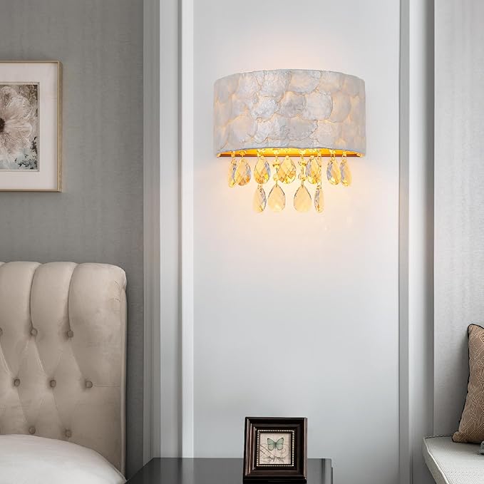 2-Light Capiz Shell Crystal Wall Sconces, Coastal Design Indoor Wall Lamp, Vanity Wall Mount Light Fixture for Bathroom, Hallway, Bedroom, Shell Lampshade, Crystal Pendants & Gold Finish