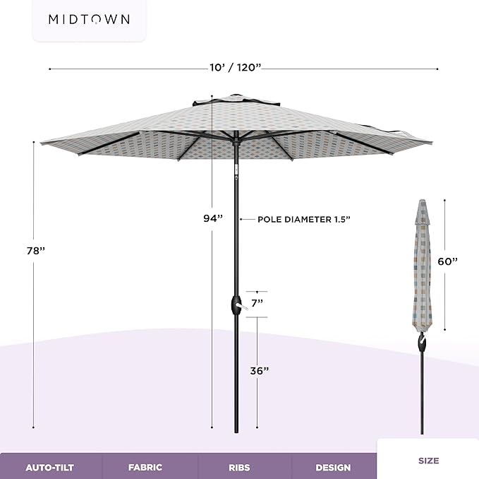 Midtown Umbrellas - The Lean 10 Ft Patio Umbrella with Fade-Resistant Sunbrella Fabric, Auto-Tilt Aluminum Frame and 8 Reinforced Ribs for Deck, Pool & Garden - Infused Gem Canopy, Black Pole