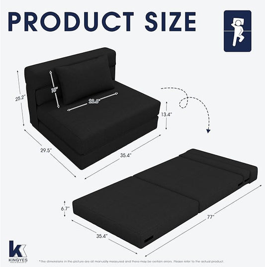KINGYES 3 in 1 Foldable Chair Bed, Folding Sleeper Chair with Back Cushion, Convertible Chair Bed Sleeper for Adults, Black