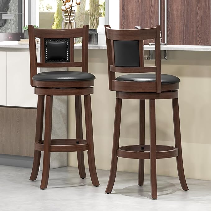 GOFLAME 30.5” Upholstered Bar Stools Set of 2, Swivel Bar Height Stools with Curved Backrest & Footrest, Solid Rubber Wood Barstools for Kitchen Island, Bar Counter, Cafe, Dining Room