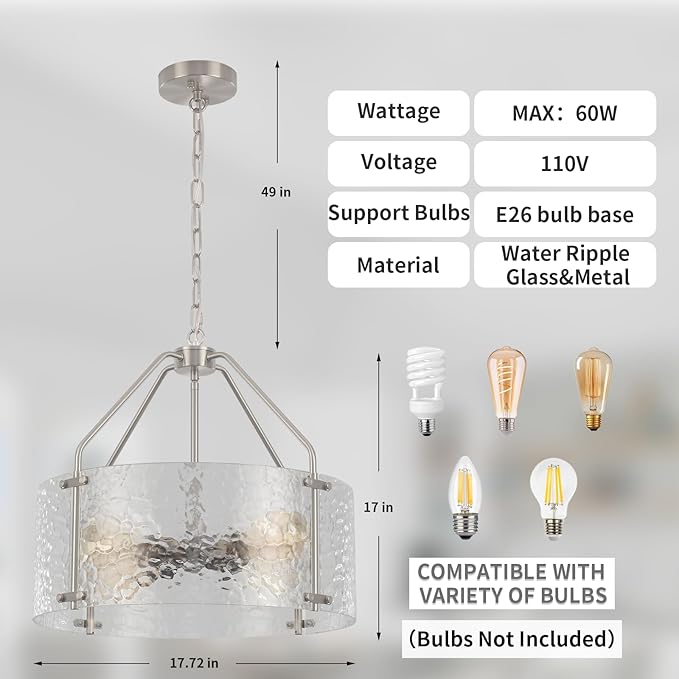 Glass Drum Chandelier for Dining Room 18'' Brushed Nickel Entryway Light Fixture 4-Light Kitchen Chandeliers Over Table Bedroom Light Fixture for Living Room Hallway Foyer Kitchen
