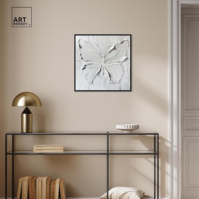 Art Remedy White Butterfly Canvas Elegant White Gold Wall Art, Black Frame, 20" x 20"