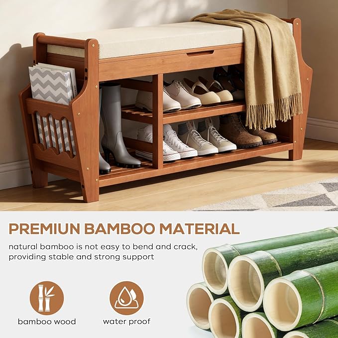 39.4in Shoe Bench with 2 Side Holder, 3 Tier Bamboo Entryway Bench with Storage, Shoe Rack Bench Organizer with Cushion for Entryway Hallway Living Room, Holds up to 330lbs