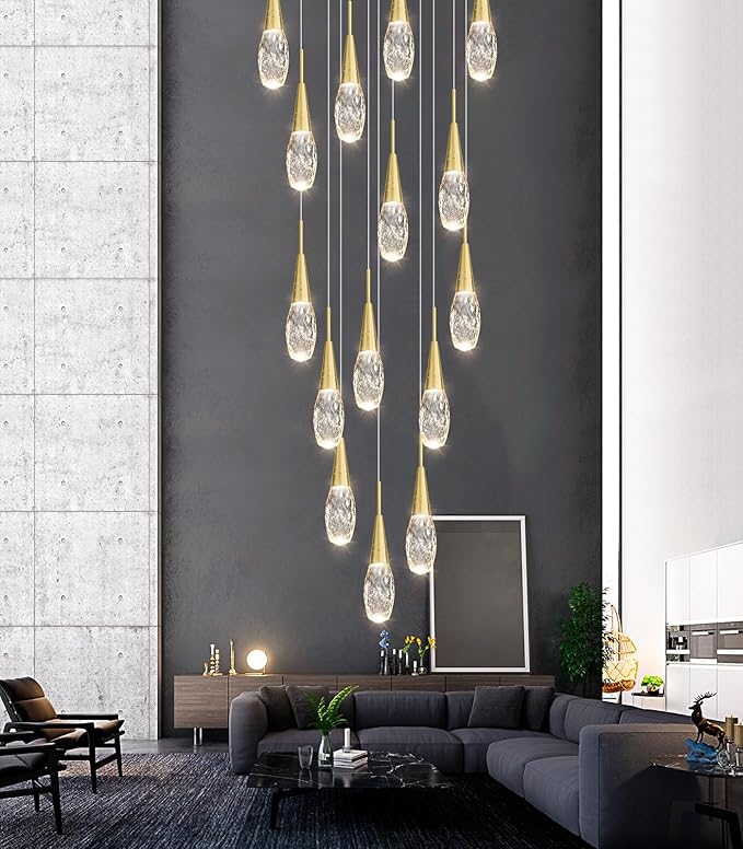 18-Lights 138 Inches Modern Chandelier LED Light Fixtures High Ceiling Long Light Chandelier for Entrance Foyer Dimmable Lights with Remote Living Room Ceiling Pendant Lighting Drop Lights Shine Gold
