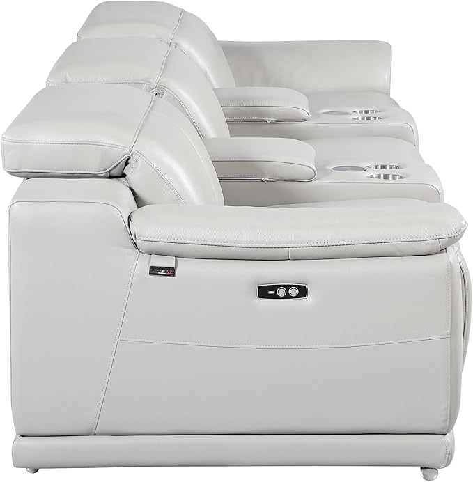 BlackJack Furniture Venice Top Grain Italian Leather Power Recline 5 Piece Sofa - 134" Theater Seating Modern Couch for Living Room Apartment Home with Adjustable Headrests & USB Port, Light Grey