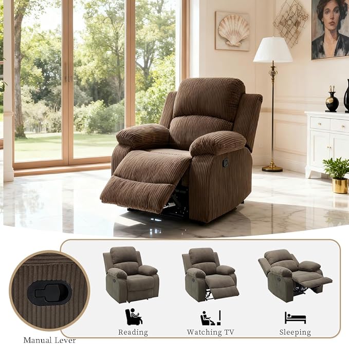 Living Room Furniture Sets, Peanut Brown Corduroy Manual Reclining Sofa Set, Manual Sectional Recliner Sofa, Reclining Chair with Recliner Seat for Living Room, Office, RV Car