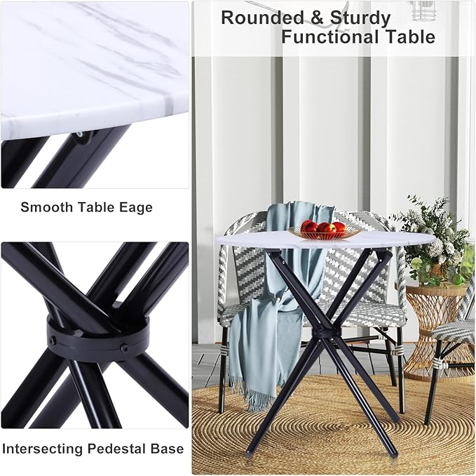 FurnitureR 31.5-Inch Round Dining Table for 2-4 People, Multifunctional Wooden Table for Cafe Restaurant Home Kitchen Dining Room, Unique Intersecting Pedestal Base and Metal Legs, White Marble
