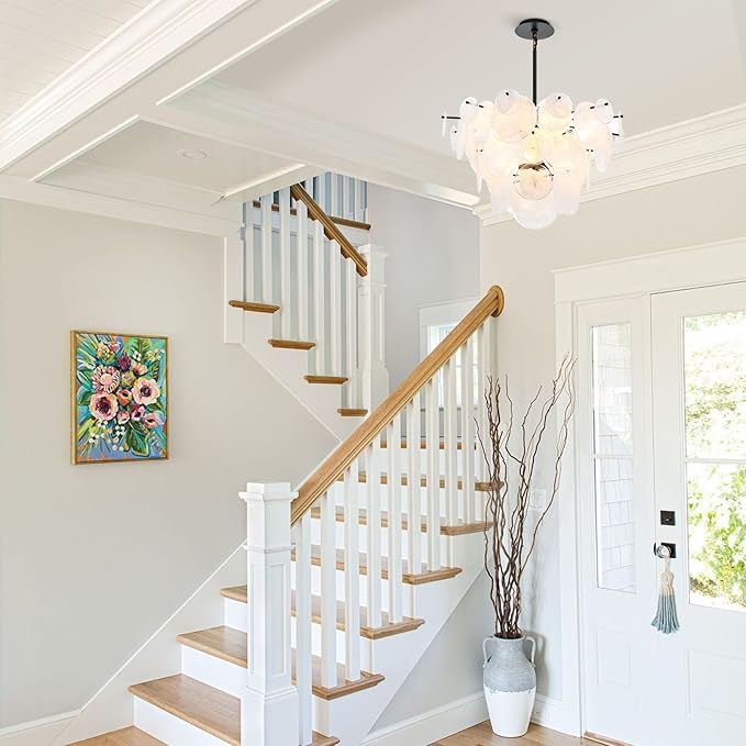 Dia 28 Inch, Modern Glass Chandeliers for Bedroom, Black Dining Room Light Fixture, Large Vintage Pendant Chandelier for Living Room Entryway Foyer