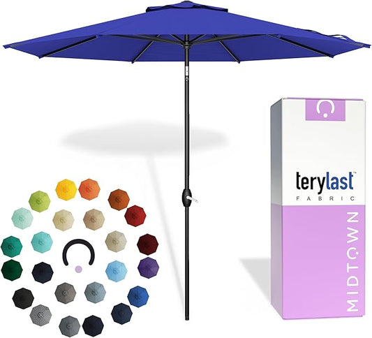 Midtown Umbrellas - 10-Year-No-Fade 9 Ft Patio Umbrella with Terylast Fabric, Auto-Tilt Aluminum Frame and 8 Reinforced Ribs for Deck, Pool, Garden & Beach - Midnight Blue Canopy, Black Pole