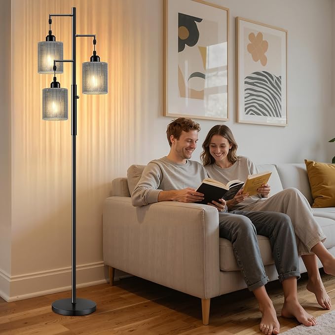 Hotsonic 72" Rattan Boho Floor Lamp, Tall Dimmable Standing Lamp with Handcrafted Gray Shade, Industrial Tree Floor Lamps for Living Room, Bedroom, Study Room, Office(3x800LM LED Bulbs Included)-Black