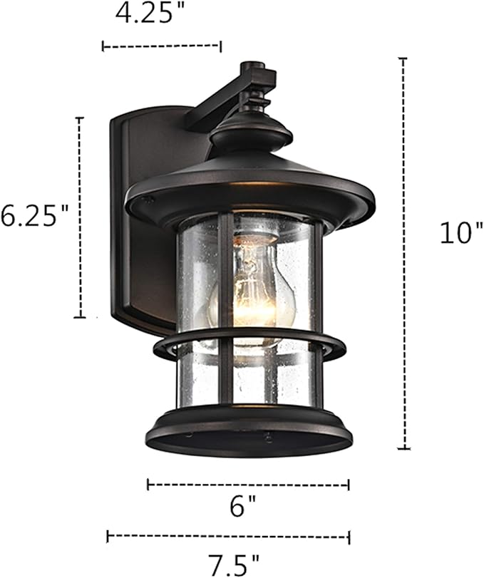MICSIU 2 Pack 100W Max Rustic Cottage Outdoor Wall Light, 10 Inch Oil Rubbed Bronze Metal Exterior Sconce, Clear Seedy Glass Porch Light for Entryway, Garage, or Bathroom