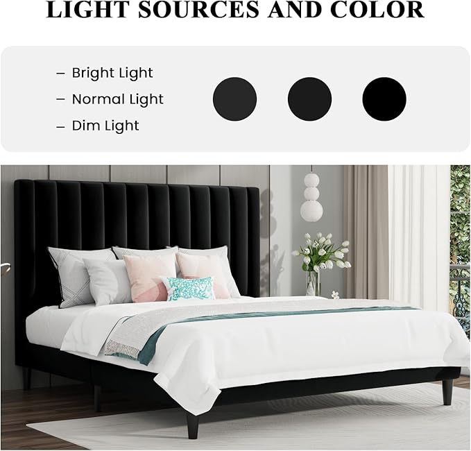 SHA CERLIN Queen Bed Frame/Velvet Upholstered Platform Bed Frame with Headboard/Strong Wood Slats Support/Mattress Foundation/No Box Spring Needed - Black