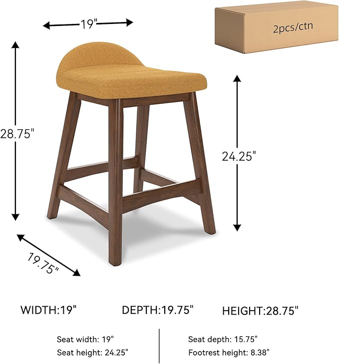 Signature Design by Ashley Lyncott Contemporary 24.25" Seat Height Counter Height Upholstered Bar Stool with Foam Cushion, 2 Count, Mustard Fabric, Solid Hardwood Frame with Brown Finish