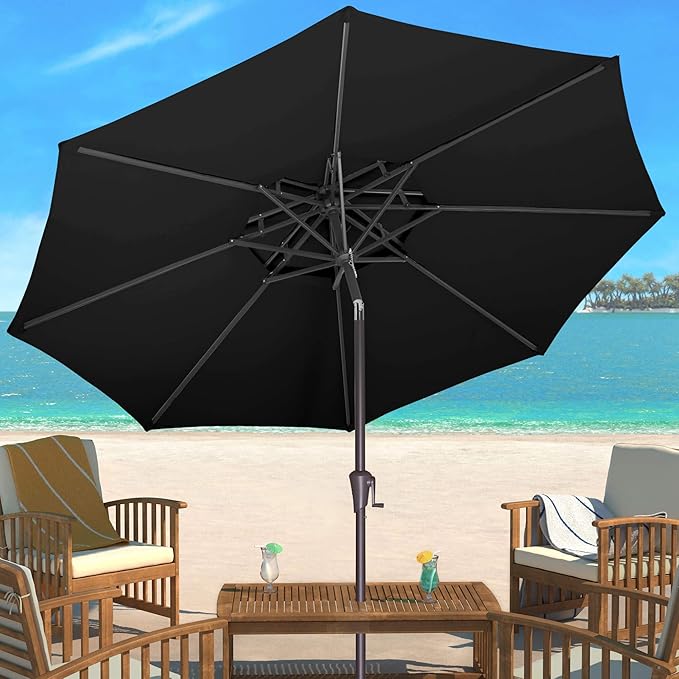 9ft Outdoor Patio Umbrella - 2-Tier Table Umbrella Waterprool UV Protection, Sombrillas de Patio with Push Button Tilt, Sun Umbrella for Pool, Porch, Garden, Backyard (Black)