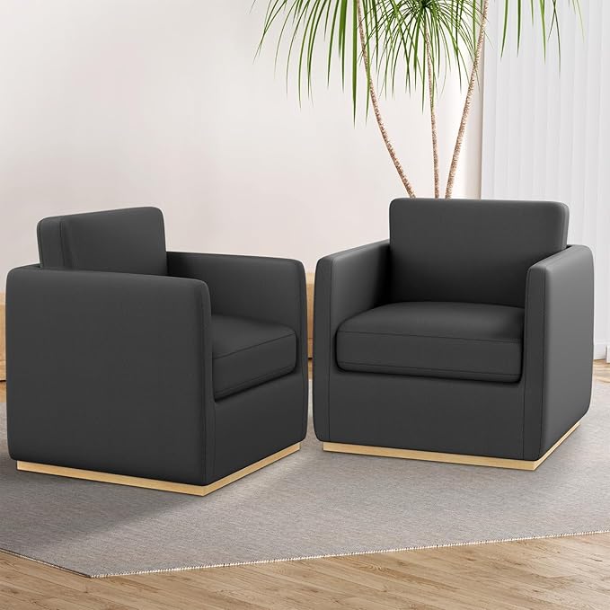Sunny Heart Swivel Accent Chair, Velvet Swivel Barrel Chair,Club Chair with Wood Base, Modern Upholstered Armchair, Cozy Chairs for Living Room, Bedroom, Reading, Leather-Black