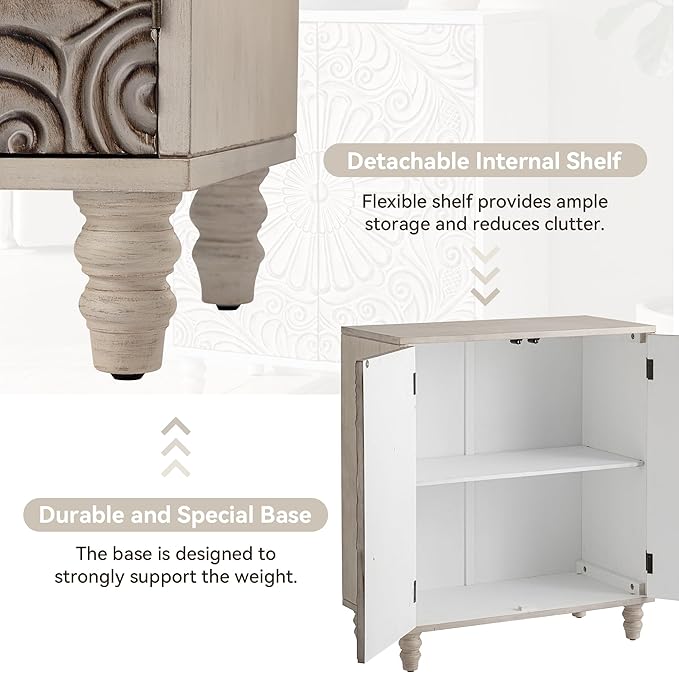 COSIEST Set of 2 32" Buffet Sideboard Cabinets with Storage, Accent Cabinet with Push-to-Open Doors, Vintage Flower Carved Pinewood Doors, Entryway Console for Living Room, Kitchen, Hallway, Gray